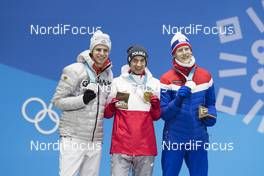 18.02.2018, Pyeongchang, Korea (KOR): Andreas Wellinger (GER), Kamil Stoch (POL), Robert Johansson (NOR) Johansson, (l-r) - XXIII. Olympic Winter Games Pyeongchang 2018, ski jumping, medals, Pyeongchang (KOR). www.nordicfocus.com. © Manzoni/NordicFocus. Every downloaded picture is fee-liable.