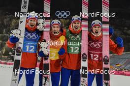 19.02.2018, Pyeongchang, Korea (KOR): Daniel Andre Tande (NOR), Andreas Stjernen (NOR), Johann Andre Forfang (NOR), Robert Johansson (NOR) - XXIII. Olympic Winter Games Pyeongchang 2018, ski jumping, team HS140, Pyeongchang (KOR). www.nordicfocus.com. © Thibaut/NordicFocus. Every downloaded picture is fee-liable.