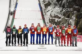 19.02.2018, Pyeongchang, Korea (KOR): Karl Geiger (GER), Stephan Leyhe (GER), Richard Freitag (GER), Andreas Wellinger (GER), Daniel Andre Tande (NOR), Andreas Stjernen (NOR), Johann Andre Forfang (NOR), Robert Johansson (NOR), Maciej Kot (POL), Stefan Hula (POL), Dawid Kubacki (POL), Kamil Stoch (POL), (l-r) - XXIII. Olympic Winter Games Pyeongchang 2018, ski jumping, team HS140, Pyeongchang (KOR). www.nordicfocus.com. © Thibaut/NordicFocus. Every downloaded picture is fee-liable.