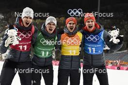 19.02.2018, Pyeongchang, Korea (KOR): Karl Geiger (GER), Stephan Leyhe (GER), Richard Freitag (GER), Andreas Wellinger (GER) - XXIII. Olympic Winter Games Pyeongchang 2018, ski jumping, team HS140, Pyeongchang (KOR). www.nordicfocus.com. © Thibaut/NordicFocus. Every downloaded picture is fee-liable.