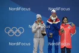 13.02.2018, Pyeongchang, Korea (KOR): Katharina Althaus (GER), Maren Lundby (NOR), Sara Takanashi (JPN), (l-r)  - XXIII. Olympic Winter Games Pyeongchang 2018, ski jumping ladies, medals,  Pyeongchang (KOR). www.nordicfocus.com. © Manzoni/NordicFocus. Every downloaded picture is fee-liable.