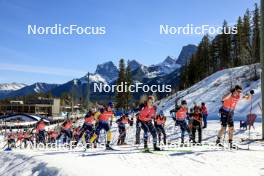 17.03.2024, Canmore, Canada (CAN): Quentin Fillon Maillet (FRA), Endre Stroemsheim (NOR), Emilien Jacquelin (FRA), Sebastian Samuelsson (SWE), Johannes Dale-Skjevdal (NOR), Lukas Hofer (ITA), Tarjei Boe (NOR), Sturla Holm Laegreid (NOR), (l-r) - IBU World Cup Biathlon, mass men, Canmore (CAN). www.nordicfocus.com. © Manzoni/NordicFocus. Every downloaded picture is fee-liable.