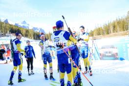 16.03.2024, Canmore, Canada (CAN): Martin Ponsiluoma (SWE), Anna Magnusson (SWE), Jesper Nelin (SWE), Sebastian Samuelsson (SWE), Peppe Femling (SWE), (l-r) - IBU World Cup Biathlon, pursuit men, Canmore (CAN). www.nordicfocus.com. © Manzoni/NordicFocus. Every downloaded picture is fee-liable.