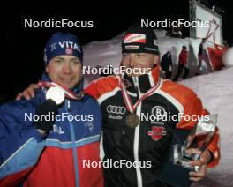 13.03.2005, Hochfilzen, Austria (AUT) Ole Einar Bjoerndalen (NOR), Sven Fischer (GER), (l-r) - IBU World Championships Biathlon, medals, Hochfilzen (AUT). www.nordicfocus.com. © Furtner/NordicFocus. Every downloaded picture is fee-liable.