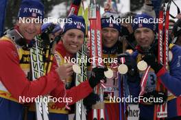 12.03.2005, Hochfilzen, Austria (AUT) Egil Gjelland (NOR), Stian Eckhoff (NOR), Halvard Hanevold (NOR), Ole Einar Bjoerndalen (NOR), (l-r) - IBU World Championships Biathlon, relay women, Hochfilzen (AUT). www.nordicfocus.com. © Furtner/NordicFocus. Every downloaded picture is fee-liable.