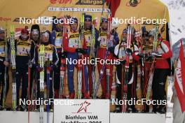 12.03.2005, Hochfilzen, Austria (AUT) Sergei Tchepikov (RUS), Pavel Rostovtsev (RUS), Nikolay Kruglov (RUS), Sergei Rozhkov (RUS), Ole Einar Bjoerndalen (NOR), Stian Eckhoff (NOR), Egil Gjelland (NOR), Halvard Hanevold (NOR), Andriy Deryzemlya (UKR), Wolfgang Rottmann (AUT), Daniel Mesotitsch (AUT), Friedrich Pinter (AUT), (l-r) - IBU World Championships Biathlon, relay men, Hochfilzen (AUT). www.nordicfocus.com. © Furtner/NordicFocus. Every downloaded picture is fee-liable.