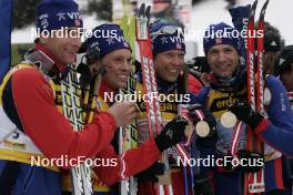 12.03.2005, Hochfilzen, Austria (AUT) Egil Gjelland (NOR), Stian Eckhoff (NOR), Halvard Hanevold (NOR), Ole Einar Bjoerndalen (NOR), (l-r) - IBU World Championships Biathlon, relay women, Hochfilzen (AUT). www.nordicfocus.com. © Furtner/NordicFocus. Every downloaded picture is fee-liable.