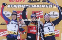 19.03.2005, Khanty-Mansiysk, Russia (RUS) Ole Einar Bjoerndalen (NOR), Raphael Poiree (FRA), Sergei Rozhkov (RUS), (l-r) - IBU World Cup Biathlon, mass start men, Khanty-Mansiysk (RUS). www.nordicfocus.com. © Furtner/NordicFocus. Every downloaded picture is fee-liable.