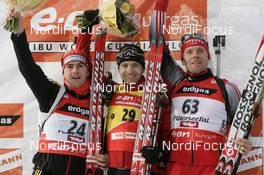 Biathlon - IBU World Cup Biathlon Hochfilzen AUT, 10km Sprint men: 1. Ole Einar Bjoerndalen NOR, 2. Michael Greis GER, Matthias Simmen SUI 
