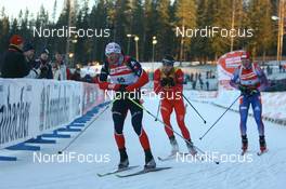 Biathlon - IBU World Cup Biathlon pursuit men 15km - Ostersund (SWE): Raphael Poiree (FRA), Ole Einar Bjoerndalen (NOR), Dmitri Iarochenko (RUS).