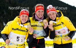 01.02.2013, Obertillach, Austria (AUT): Laura DAHLMEIER (GER) - Vanessa HINZ (GER) - Franziska PREUSS (GER) - IBU Youth and Junior world ski championships biathlon, relay women, Obertillach (AUT). www.nordicfocus.com. © Wukits/NordicFocus. Every downloaded picture is fee-liable.