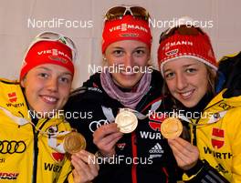 01.02.2013, Obertillach, Austria (AUT): Laura DAHLMEIER (GER) - Vanessa HINZ (GER) - Franziska PREUSS (GER) - IBU Youth and Junior world ski championships biathlon, relay women, Obertillach (AUT). www.nordicfocus.com. © Wukits/NordicFocus. Every downloaded picture is fee-liable.