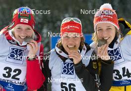 30.01.2013, Obertillach, Austria (AUT): Lisa Theresa HAUSER (AUT) - Laura DAHLMEIER (GER) - Franziska PREUSS (GER) - IBU Youth and Junior world ski championships biathlon, individual women, Obertillach (AUT). www.nordicfocus.com. © Wukits/NordicFocus. Every downloaded picture is fee-liable.