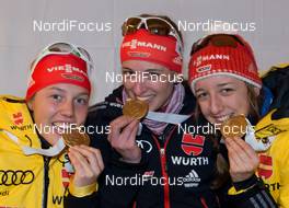 01.02.2013, Obertillach, Austria (AUT): Laura DAHLMEIER (GER) - Vanessa HINZ (GER) - Franziska PREUSS (GER)- IBU Youth and Junior world ski championships biathlon, relay women, Obertillach (AUT). www.nordicfocus.com. © Wukits/NordicFocus. Every downloaded picture is fee-liable.