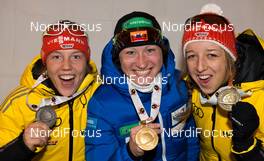 27.01.2013, Obertillach, Austria (AUT): Laura DAHLMEIER (GER) - Olga PODCHUFAROVA (RUS) - Franziska PREUSS (GER) - IBU Youth and Junior world ski championships biathlon, pursuit women, Obertillach (AUT). www.nordicfocus.com. © Wukits/NordicFocus. Every downloaded picture is fee-liable.