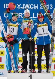 27.01.2013, Obertillach, Austria (AUT): Maxim TSVETKOV (RUS) - Johannes Thingnes BOE (NOR) - Alexandr LOGINOV (RUS) - IBU Youth and Junior world ski championships biathlon, pursuit men, Obertillach (AUT). www.nordicfocus.com. © Wukits/NordicFocus. Every downloaded picture is fee-liable.