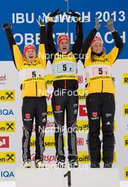 01.02.2013, Obertillach, Austria (AUT): Laura DAHLMEIER (GER) - Vanessa HINZ (GER) - Franziska PREUSS (GER) - IBU Youth and Junior world ski championships biathlon, relay women, Obertillach (AUT). www.nordicfocus.com. © Wukits/NordicFocus. Every downloaded picture is fee-liable.