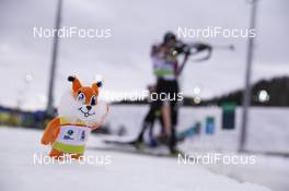 20.02.2019, Minsk-Raubichi, Belarus (BLR): Event Feature: The mascott waits at the shooting range - IBU Open European championships biathlon, individual men, Minsk-Raubichi (BLR). www.nordicfocus.com. © Manzoni/NordicFocus. Every downloaded picture is fee-liable.