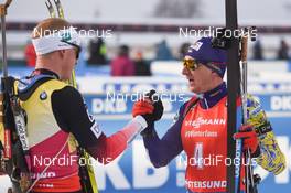 10.03.2019, Oestersund, Sweden (SWE): Dmytro Pidruchnyi (UKR), Johannes Thingnes Boe (NOR) - IBU world championships biathlon, pursuit men, Oestersund (SWE). www.nordicfocus.com. © Tumashov/NordicFocus. Every downloaded picture is fee-liable.