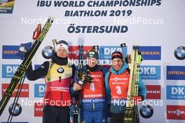 10.03.2019, Oestersund, Sweden (SWE): Johannes Thingnes Boe (NOR), Quentin Fillon Maillet (FRA), Dmytro Pidruchnyi (UKR) - IBU world championships biathlon, pursuit men, Oestersund (SWE). www.nordicfocus.com. © Tumashov/NordicFocus. Every downloaded picture is fee-liable.