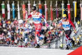 24.02.2019, Seefeld, Austria (AUT): Johannes Hoesflot Klaebo (NOR), Calle Halfvarsson (SWE), Dominik Baldauf (AUT), (l-r)  - FIS nordic world ski championships, cross-country, team sprint, Seefeld (AUT). www.nordicfocus.com. © Modica/NordicFocus. Every downloaded picture is fee-liable.