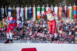 24.02.2019, Seefeld, Austria (AUT): Johannes Hoesflot Klaebo (NOR), Alexander Bolshunov (RUS), (l-r)  - FIS nordic world ski championships, cross-country, team sprint, Seefeld (AUT). www.nordicfocus.com. © Modica/NordicFocus. Every downloaded picture is fee-liable.