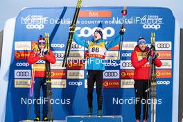 30.11.2019, Ruka, Finland (FIN): Johannes Hoesflot Klaebo (NOR), Iivo Niskanen (FIN), Emil Iversen (NOR), (l-r)  - FIS world cup cross-country, 15km men, Ruka (FIN). www.nordicfocus.com. © Modica/NordicFocus. Every downloaded picture is fee-liable.