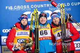 30.11.2019, Ruka, Finland (FIN): Johannes Hoesflot Klaebo (NOR), Iivo Niskanen (FIN), Emil Iversen (NOR), (l-r)  - FIS world cup cross-country, 15km men, Ruka (FIN). www.nordicfocus.com. © Modica/NordicFocus. Every downloaded picture is fee-liable.