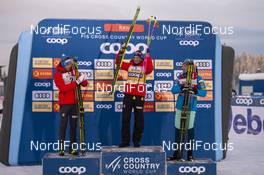 01.12.2019, Ruka, Finland (FIN): Emil Iversen (NOR), Johannes Hoesflot Klaebo (NOR), Iivo Niskanen (FIN), (l-r) - FIS world cup cross-country, pursuit men, Ruka (FIN). www.nordicfocus.com. © Vianney THIBAUT/NordicFocus. Every downloaded picture is fee-liable.