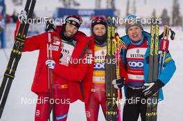 01.12.2019, Ruka, Finland (FIN): Emil Iversen (NOR), Johannes Hoesflot Klaebo (NOR), Iivo Niskanen (FIN), (l-r) - FIS world cup cross-country, pursuit men, Ruka (FIN). www.nordicfocus.com. © Vianney THIBAUT/NordicFocus. Every downloaded picture is fee-liable.