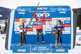31.12.2019, Toblach, Italy (ITA): Ingvild Flugstad Oestberg (NOR), Therese Johaug (NOR), Ebba Andersson (SWE), (l-r)  - FIS world cup cross-country, tour de ski, 10km women, Toblach (ITA). www.nordicfocus.com. © Modica/NordicFocus. Every downloaded picture is fee-liable.