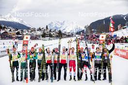 02.03.2019, Seefeld, Austria (AUT): Johannes Rydzek (GER), Eric Frenzel (GER), Fabian Riessle (GER), Vinzenz Geiger (GER), Espen Bjoernstad (NOR), Jan Schmid (NOR), Joergen Graabak (NOR), Jarl Magnus Riiber (NOR), Bernhard Gruber (AUT), Mario Seidl (AUT), Franz-Josef Rehrl (AUT), Lukas Klapfer (AUT), (l-r)  - FIS nordic world ski championships, nordic combined, team HS109/4x5km, Seefeld (AUT). www.nordicfocus.com. © Modica/NordicFocus. Every downloaded picture is fee-liable.