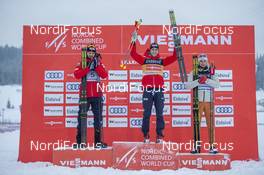 08.12.2019, Lillehammer, Norway (NOR): Joergen Graabak (NOR), Jarl Magnus Riiber (NOR), Vinzenz Geiger (GER), (l-r) - FIS world cup nordic combined, individual gundersen HS140/10km, Lillehammer (NOR). www.nordicfocus.com. © Vianney THIBAUT/NordicFocus. Every downloaded picture is fee-liable.