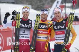 08.12.2019, Lillehammer, Norway (NOR): Joergen Graabak (NOR), Jarl Magnus Riiber (NOR), Vinzenz Geiger (GER) - FIS world cup nordic combined, individual gundersen HS140/10km, Lillehammer (NOR). www.nordicfocus.com. © Vianney THIBAUT/NordicFocus. Every downloaded picture is fee-liable.