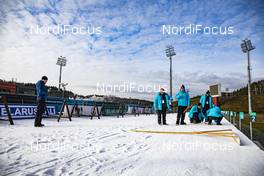 25.02.2020, Minsk-Raubichi, Belarus (BLR): Event Feature: undefined volunteers prepare the shooting range - IBU Open European Championships Biathlon, training, Minsk-Raubichi (BLR). www.nordicfocus.com. © Manzoni/NordicFocus. Every downloaded picture is fee-liable.