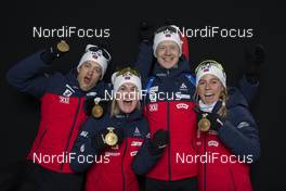 13.02.2020, Antholz, Italy (ITA): Tarjei Boe (NOR), Marte Olsbu Roeiseland (NOR), Johannes Thingnes Boe (NOR), Tiril Eckhoff (NOR), (l-r) - IBU World Championships Biathlon, medals, Antholz (ITA). www.nordicfocus.com. © Manzoni/NordicFocus. Every downloaded picture is fee-liable.