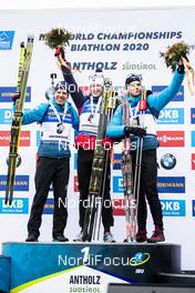 23.02.2020, Antholz, Italy (ITA): Quentin Fillon Maillet (FRA), Johannes Thingnes Boe (NOR), Emilien Jacquelin (FRA), (l-r) - IBU world championships biathlon, medals, Antholz (ITA). www.nordicfocus.com. © Modica/NordicFocus. Every downloaded picture is fee-liable.