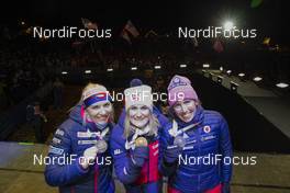 14.02.2020, Antholz, Italy (ITA): Lucie Charvatova (CZE), Marte Olsbu Roeiseland (NOR), Susan Dunklee (USA), (l-r) - IBU World Championships Biathlon, medal ceremony, Antholz/Anterselva (ITA). Handout International Biathlon Union. © Manzoni/IBU