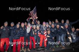 14.02.2020, Antholz, Italy (ITA): Susan Dunklee (USA) celebrates with her team - IBU World Championships Biathlon, medal ceremony, Antholz/Anterselva (ITA). Handout International Biathlon Union. © Manzoni/IBU