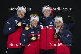 13.02.2020, Antholz, Italy (ITA): Tarjei Boe (NOR), Marte Olsbu Roeiseland (NOR), Johannes Thingnes Boe (NOR), Tiril Eckhoff (NOR), (l-r) - IBU World Championships Biathlon, medals, Antholz (ITA). www.nordicfocus.com. © Manzoni/NordicFocus. Every downloaded picture is fee-liable.