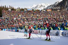 16.02.2020, Antholz, Italy (ITA): Martin Fourcade (FRA), Tarjei Boe (NOR), Johannes Thingnes Boe (NOR), (l-r) - IBU World Championships Biathlon, pursuit men, Antholz (ITA). www.nordicfocus.com. © Manzoni/NordicFocus. Every downloaded picture is fee-liable.