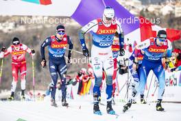 04.01.2020, Val di Fiemme, Italy (ITA): Karl-Johan Westberg (SWE), Ueli Schnider (SUI), Federico Pellegrino (ITA), (l-r)  - FIS world cup cross-country, tour de ski, individual sprint, Val di Fiemme (ITA). www.nordicfocus.com. © Modica/NordicFocus. Every downloaded picture is fee-liable.