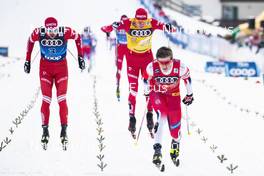 03.01.2020, Val di Fiemme, Italy (ITA): Johannes Hoesflot Klaebo (NOR), Sergey Ustiugov (RUS), (l-r)  - FIS world cup cross-country, tour de ski, mass men, Val di Fiemme (ITA). www.nordicfocus.com. © Modica/NordicFocus. Every downloaded picture is fee-liable.