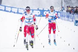 19.01.2020, Nove Mesto, Czech Republic (CZE): Johannes Hoesflot Klaebo (NOR), Sjur Roethe (NOR), (l-r)  - FIS world cup cross-country, pursuit men, Nove Mesto (CZE). www.nordicfocus.com. © Modica/NordicFocus. Every downloaded picture is fee-liable.