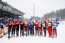 01.03.2020, Lahti Finland (FIN): Beda Klee (SUI), Dario Cologna (SUI), Jason Rueesch (SUI), Roman Furger (SUI), Paal Golberg (NOR), Hans Christer Holund (NOR), Sjur Roethe (NOR), Johannes Hoesflot Klaebo (NOR), Ilia Semikov (RUS), Alexander Bessmertnykh (RUS), Denis Spitsov (RUS), Andrey Melnichenko (RUS), (l-r)  - FIS world cup cross-country, 4x10km men, Lahti (FIN). www.nordicfocus.com. © Modica/NordicFocus. Every downloaded picture is fee-liable.