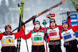 01.03.2020, Lahti Finland (FIN): Beda Klee (SUI), Dario Cologna (SUI), Jason Rueesch (SUI), Roman Furger (SUI), (l-r)  - FIS world cup cross-country, 4x10km men, Lahti (FIN). www.nordicfocus.com. © Modica/NordicFocus. Every downloaded picture is fee-liable.