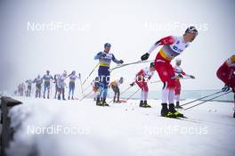 08.03.2020, Oslo, Norway (NOR): Erik Valnes (NOR), Markus Vuorela (FIN), Jens Burman (SWE), Dario Cologna (SUI), Jonas Dobler (GER), (l-r)  - FIS world cup cross-country, mass men, Oslo (NOR). www.nordicfocus.com. © Modica/NordicFocus. Every downloaded picture is fee-liable.