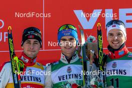 11.01.2020, Val di Fiemme, Italy (ITA): Jarl Magnus Riiber (NOR), Vinzenz Geiger (GER), Joergen Graabak (NOR) (l-r) - FIS world cup nordic combined, individual gundersen HS104/10km, Val di Fiemme (ITA). www.nordicfocus.com. © Volk/NordicFocus. Every downloaded picture is fee-liable.