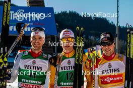 11.01.2020, Val di Fiemme, Italy (ITA): Jarl Magnus Riiber (NOR), Vinzenz Geiger (GER), Joergen Graabak (NOR) (l-r)  - FIS world cup nordic combined, individual gundersen HS104/10km, Val di Fiemme (ITA). www.nordicfocus.com. © Volk/NordicFocus. Every downloaded picture is fee-liable.