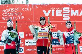 23.02.2020, Trondheim, Norway (NOR): Jens Luraas Oftebro (NOR), Jarl Magnus Riiber (NOR), Espen Bjoernstad (NOR) (l-r) - FIS world cup nordic combined, individual gundersen HS138/10km, Trondheim (NOR). www.nordicfocus.com. © Volk/NordicFocus. Every downloaded picture is fee-liable.